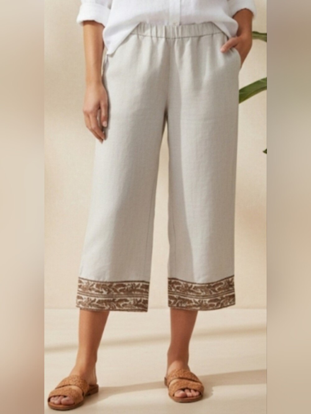 J. Jill Flax Clay Linen Embroidered Wide-Leg Crop Pants Size LP NWT